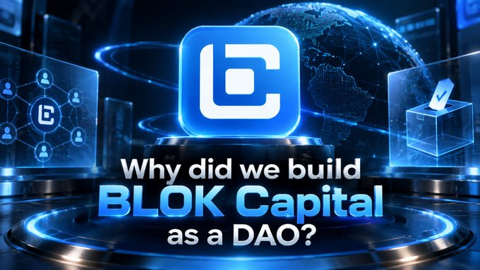 Promotional graphic for BLOK Capital DAO featuring their blue logo on a tech-themed background with the text 'Why did we build BLOK Capital as a DAO?'