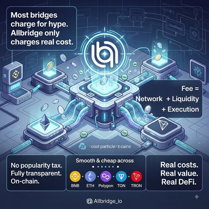 An advertisement for Allbridge.io highlighting their transparent fee structure: 'Most bridges charge for hype. Allbridge only charges real cost' with the formula 'Fee = Network + Liquidity + Execution', and showing supported chains BNB, ETH, Polygon, TON, and TRON.