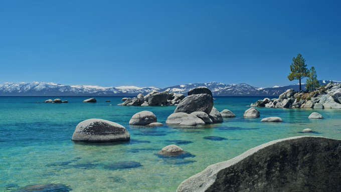 A stunning view from "my office" reveals crystal-clear turquoise waters, smooth granite boulders, snow-capped mountains, and a lone pine tree along the shore—likely Lake Tahoe—offering a breathtaking workspace perspective.
