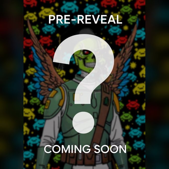 A 'PRE-REVEAL' teaser image shows a zombie-like winged character obscured by a large white question mark on a colorful space-invader patterned background, with 'COMING SOON' text below.