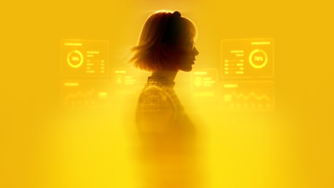 A stylized digital illustration of a woman in profile silhouette surrounded by floating glowing data dashboards, set against a vibrant yellow background.