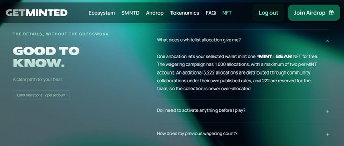 A screenshot of the GETMINTED website displaying the heading "GOOD TO KNOW." and information regarding a whitelist for an airdrop, specifically mentioning "MINT.. BEAR" NFT.