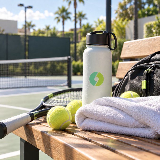 A water bottle sits on a wooden bench at a sunlit tennis court, flanked by a racket, tennis balls, and a folded towel on a gym bag, capturing the gear-heavy effort of someone trying to look athletic.