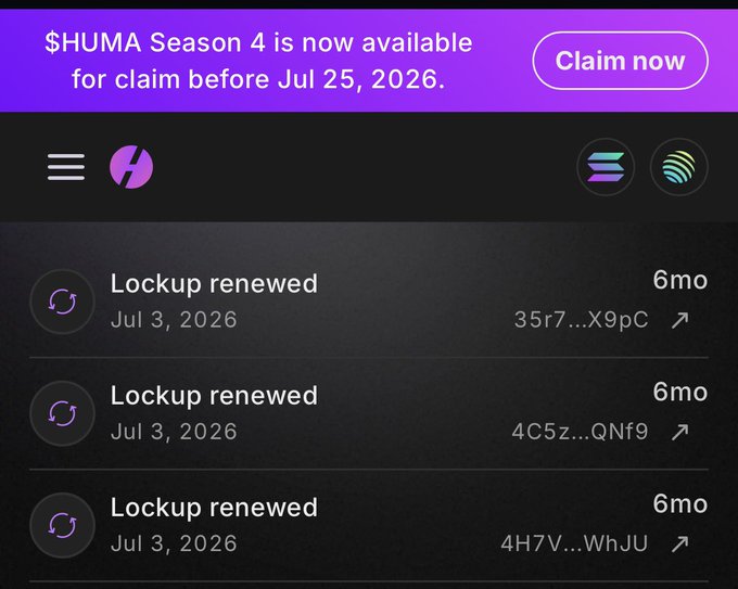 A mobile app interface displaying '$HUMA Season 4 is now available for claim before Jul 25, 2026' with a 'Claim now' button, showing multiple 'Lockup renewed' transactions from Jul 3, 2026.