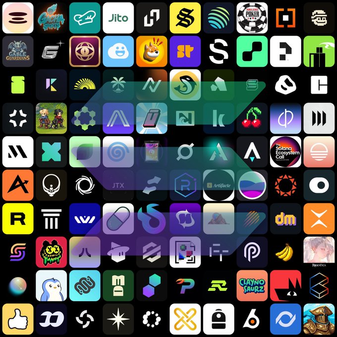 A grid collage displays dozens of colorful app-style icons, including recognizable names like "Jito," "SlingShot," "Tensor," "Bonk," "Claynosaurz," and "Mango Markets," with a translucent X (Twitter) logo overlaid in the center—fitting the post "Hey look at us" as a celebratory showcase of projects represented on the X platform.