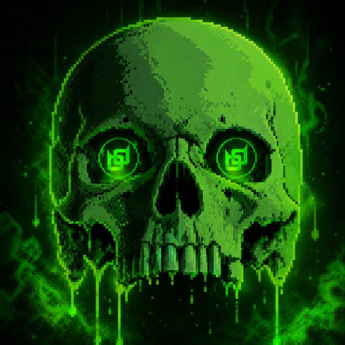 Pixel-art style green skull with glowing green eyes containing symbols, set against a dark background with dripping green paint effects.