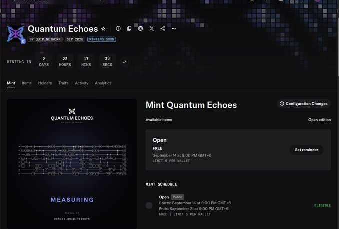 A webpage screenshot for 'Quantum Echoes' NFT minting event showing a countdown timer (2 days, 22 hours, 17 minutes) and mint schedule details.