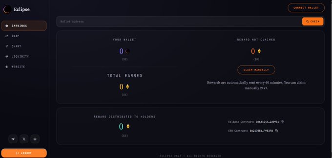 Eclipse crypto platform earnings dashboard showing a wallet with 0 earned, 0 reward not claimed, and 0 total earned, with options to check and claim manually every 24 hours.