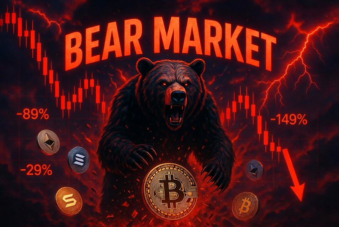 The image shows a dramatic "BEAR MARKET" graphic featuring a fierce black bear with glowing red eyes, surrounded by lightning, falling red candlestick charts, and cryptocurrencies including Bitcoin and Ethereum with steep losses of -89%, -149%, and -29%, illustrating a severe crypto downturn.

The bearish imagery of crashing crypto prices contrasts ironically with the cheerful "Good morning" weekend greeting, suggesting the market is in turmoil regardless of how pleasant the weekend may be.