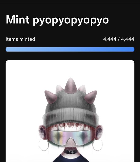 An NFT mint page titled "Mint pyopyopyo" shows 4,444/4,444 items fully minted, featuring a 3D character with a spiked gray helmet, reflective visor, and fuzzy earmuffs—confirming the user successfully minted from a collection that sold out instantly.