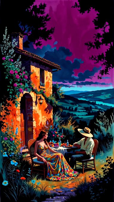 A vibrant, colorful painting shows a man in a straw hat and a woman in a patterned dress sitting at a table dining outside a rustic, flower-covered stone house at sunset with rolling hills in the background.