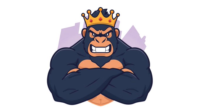 A cartoon illustration of a muscular, dark-furred gorilla with crossed arms and a golden crown on its head, set against a faint city skyline background.