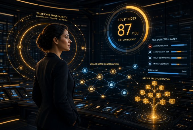 A stylized anime illustration of a white-haired woman in a blazer, set against a black background with glowing green accents, surrounded by floating interface panels displaying "TasteScore" branding and "BSI (BlokSekure Intelligence)" metrics. The image visually reinforces the post's theme of crypto's trust gap, framing TasteScore™ as the "trust intelligence" layer needed for autonomous finance.