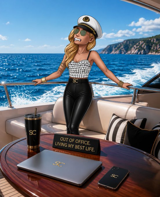A digital illustration of a blonde woman in sunglasses and a captain's hat standing on a yacht, with an 'OUT OF OFFICE, LIVING MY BEST LIFE' sign and 'SC' monogrammed items.