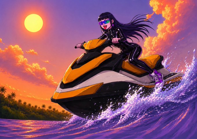 An anime-style illustration of a girl with long black hair and sunglasses riding a yellow and black jet ski over ocean waves at sunset.