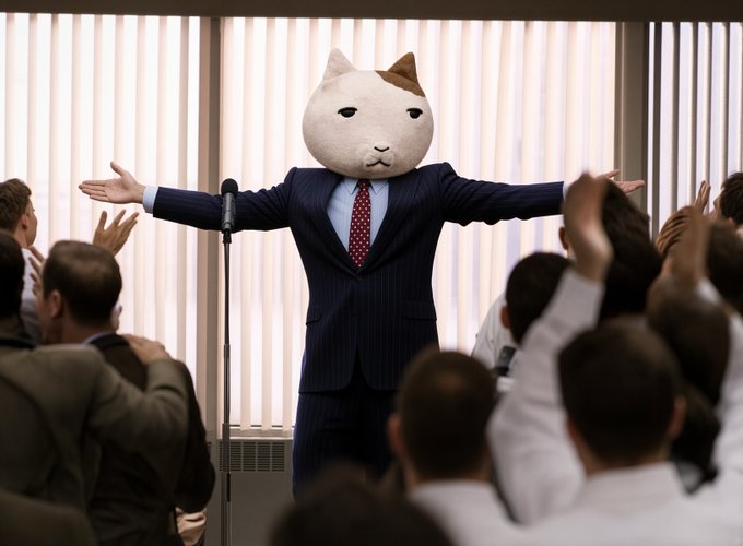 A figure in a pinstripe suit and red tie with a large cartoon cat head stands with arms outstretched at a microphone, as an audience applauds enthusiastically. The surreal image reinforces the playful "$KET IS NEVER LEAVING" message by matching the meme's absurdist energy with the cat-faced "leader" refusing to leave the stage.