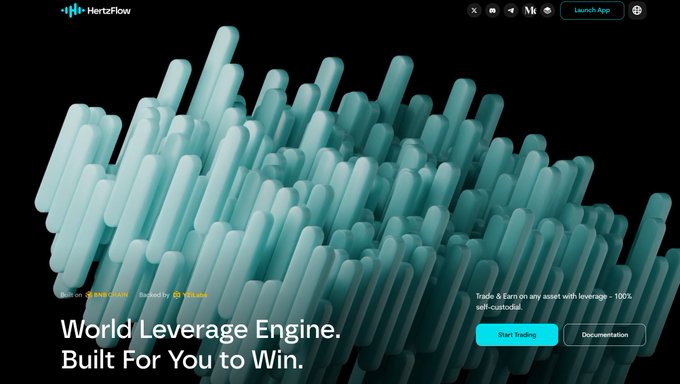 A screenshot of the HertaFlow website featuring a 3D teal bar visualization, with the tagline "World Leverage Engine. Built For You to Win." and "Start Trading" button, promoting their trading platform built on SUI Mainnet that allows leveraged trading with self-custodial features. The image illustrates HertaFlow's brand as the leverage engine described in the post, which is designed with a fallback oracle system that uses Pyth as its preferred price feed.