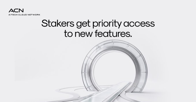 A sleek, futuristic circular portal-like structure with a winding pathway leading into it is displayed against a light background, with the headline "Stakers get priority access to new features" and the "ACN | AITECH CLOUD NETWORK" logo in the top left corner. The image visually reinforces the message by depicting a symbolic gateway that staked users can access ahead of others, embodying the early entry advantage described in the accompanying post.
