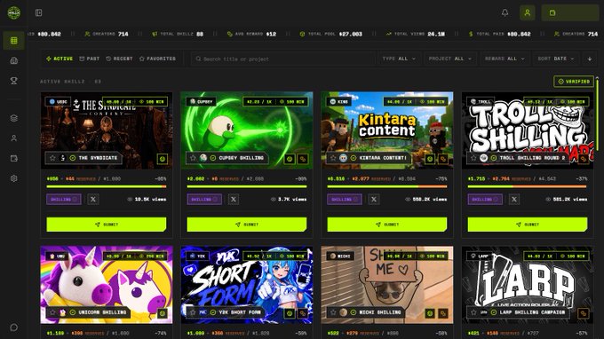 A screenshot of a cryptocurrency gambling website, likely Rollbit, showing various active 'Rolls' under the 'SHILLING' category. Visible titles include 'THE SYNDICATE', 'CUPWEY SHILLING', 'KINTARA CONTENT', 'TROLL SHILLING', 'UNICORN SHILLING', 'VRC SHORT FORM', 'BENSC SHILLING', and 'LARP'.