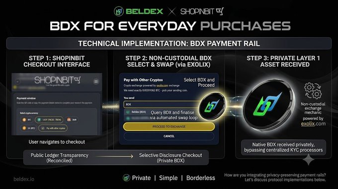 The image presents a three-step technical diagram titled "BDX FOR EVERYDAY PURCHASES," illustrating how Beldex (BDX) integrates with ShopInBit to enable privacy-preserving payments. It shows the progression from a ShopInBit checkout interface (Step 1: USDT checkout), through a non-custodial BDX select & swap via Exolix (Step 2), to a private Layer 1 asset receipt (Step 3), with the tagline "Private | Simple | Borderless" and noting native BDX delivery that bypasses centralized KYC processors. The diagram visually reinforces the post's argument about reconciling public ledger transparency with the financial confidentiality needed for real-world commerce.
