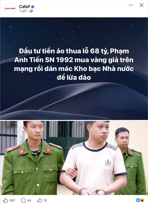 A Facebook post from CafeF announces that Phạm Anh Tiến, born in 1992, lost 68 billion VND on cryptocurrency trades and is now being arrested for allegedly selling fake gold over the internet to defraud people, with a photo showing him in handcuffs flanked by police officers. The post mocks the situation, suggesting that despite being born in 1992 and having the means to invest in crypto, he ultimately fell victim to scams and is now in custody by authorities.