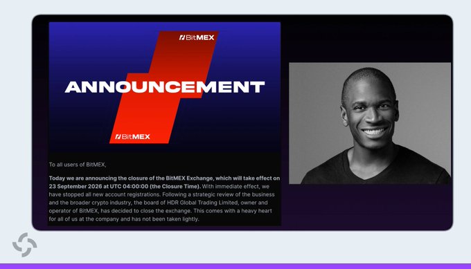 The image shows a BitMEX announcement graphic featuring a black-and-white portrait of founder Arthur Hayes alongside text announcing the closure of the BitMEX Exchange on September 23, 2026, at 04:00:00 UTC, citing regulatory pressure and a strategic review—visually reinforcing the news that the pioneering crypto perpetual swaps platform is shutting down after 11+ years.
