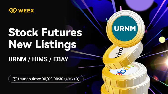 The image features a poster for an event related to stock future listing announcements, with a focus on three specific companies - Urnm, Hims, and Ebay. The poster includes text that reads "New Listings" and "URM / HIMS / Ebay", indicating the types of companies being listed. The poster also displays a stack of gold coins, which are used as a visual representation to highlight the listing announcements.