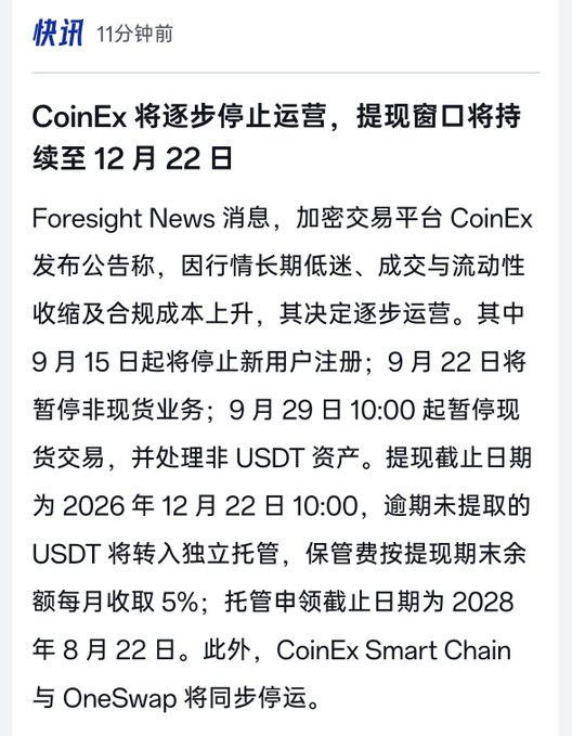 A Chinese news article titled 'CoinEx 将逐步停止运营，提现窗口将持续至12月22日' announces the gradual shutdown of cryptocurrency platform CoinEx, with withdrawal deadline of December 22, 2026.