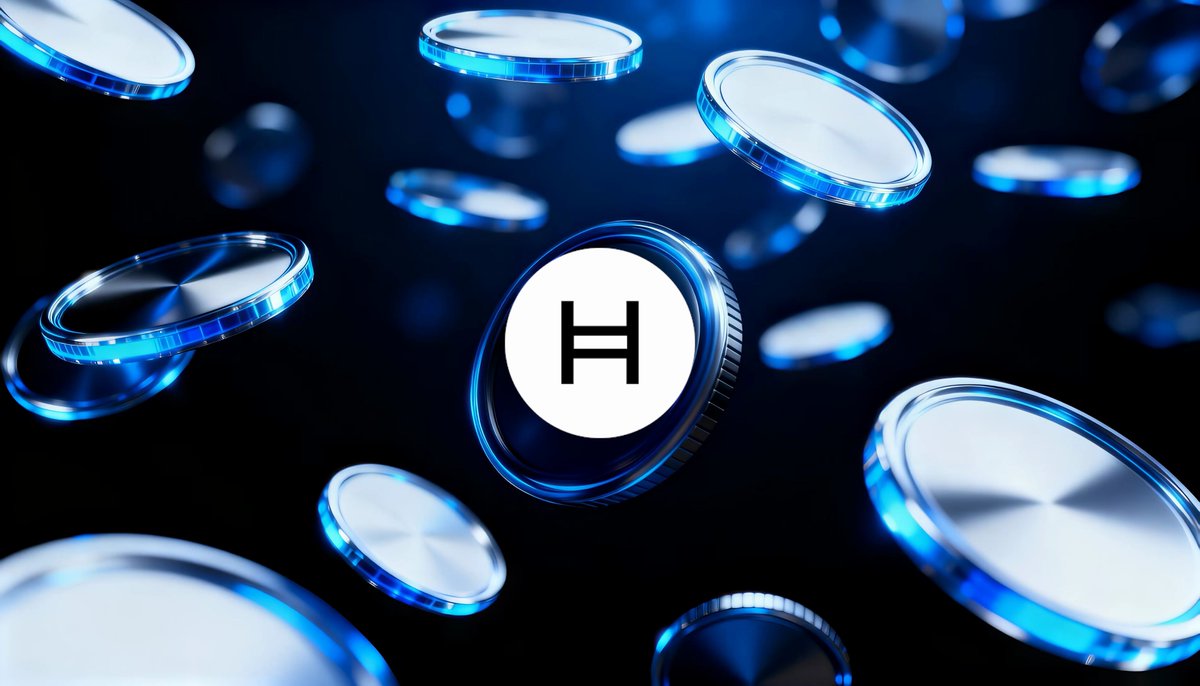The image features a 3D rendering of a blue coin floating against a black background, surrounded by numerous other small blue coins scattered throughout the scene. The white "H" symbol or "hbar" is prominently displayed at the center of the image, potentially indicating that this is part of a cryptocurrency-related project or discussion on BitGo. It appears to be an advertisement for a service related to Bitcoin, and it encourages users to learn more about regulatory custody, trading, and Staking options available with these services while using the provided platforms.