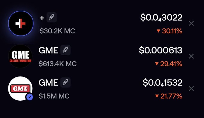 A cryptocurrency/meme coin trading dashboard showing three GME-related tokens with prices and 24-hour declines: an unnamed token at $0.043022 (▼30.11%, $30.2K MC), 'GME GREATEST MEME EVER' at $0.000613 (▼29.41%, $613.4K MC), and 'GME' at $0.01532 (▼21.77%, $1.5M MC).