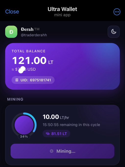 A screenshot of the Ultra Wallet Telegram mini app showing user "Derah" (@traderderahh) with a total balance of 121.00 LT, a UID of 6975181741, and an active mining cycle at 34% (10.00 LT/hr) with 15:50:55 remaining. The image illustrates the "mine LT over time" feature highlighted in the post about Ultra Wallet's earning methods.