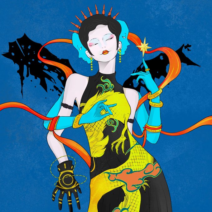 A digital illustration of a stylized woman with closed eyes, wearing a yellow and black dragon-patterned dress with blue gloves, a spiky black headpiece, and orange ribbons flowing around her against a blue background.