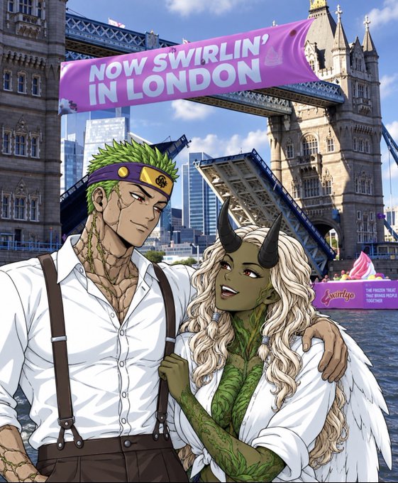 Anime-style illustration of a green-haired man and a green-skinned horned woman standing together in London with Tower Bridge behind them, under a banner reading 'NOW SWIRLIN' IN LONDON' advertising 'Swirlix'.