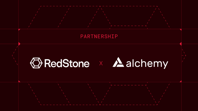 A dark red promotional graphic announcing a 'PARTNERSHIP' between 'RedStone' and 'alchemy', with a red 'X' between the two logos.