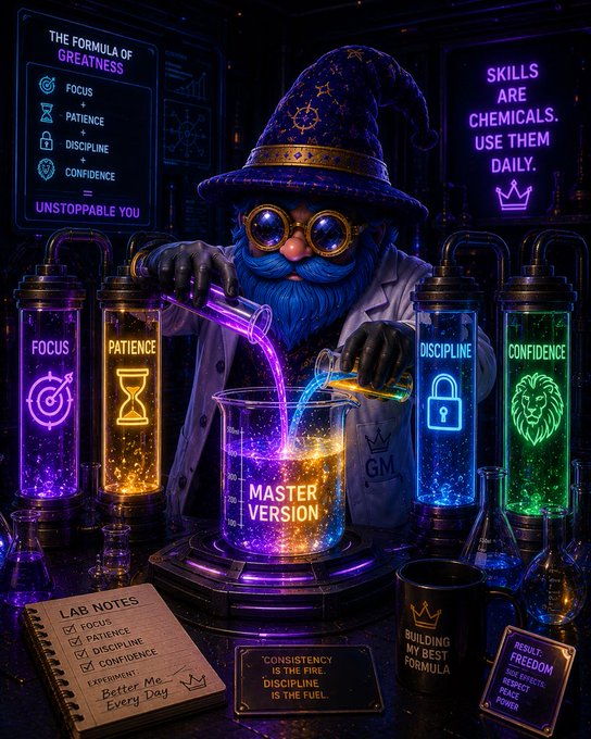 A blue-bearded wizard in a lab pours glowing liquids between beakers labeled 'MASTER VERSION', surrounded by potion bottles marked 'FOCUS', 'PATIENCE', 'DISCIPLINE', and 'CONFIDENCE', with signs reading 'THE FORMULA OF GREATNESS' and 'SKILLS ARE CHEMICALS. USE THEM DAILY.'