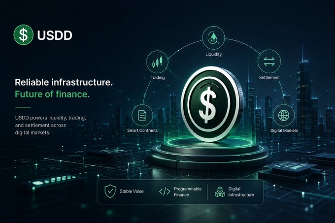 A promotional graphic for USDD featuring a large dollar sign coin on a futuristic cityscape background, with icons for Trading, Liquidity, Settlement, Smart Contracts, and Digital Markets. Text reads 'Reliable infrastructure. Future of finance.' and 'USDD powers liquidity, trading, and settlement across digital markets.' with tags for Stable Value, Programmable Finance, and Digital Infrastructure.