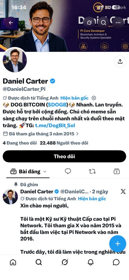 A Twitter/X profile screenshot of "Daniel Carter" (@DanielCarter_Pi), a self-identified Pi Core Developer with 22,488 followers, displays a Vietnamese-translated bio promoting "$DOG BITCOIN ($DOGB)" as a fast, community-supported meme token, along with a pinned post announcing his role as a senior engineer at Pi Network since 2016. The image illustrates the post's accusation of scamming, showing Carter's profile pushing a meme crypto token ($DOGB) while leveraging his claimed Pi Network affiliation.