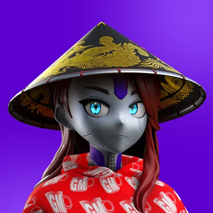 A 3D rendered character with a metallic grey robotic face, glowing blue eyes, and long reddish-brown hair wearing a black and gold conical hat featuring dragon designs, paired with a red hoodie displaying 'GHO' logos against a purple background.