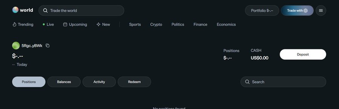 A screenshot of the World App portfolio dashboard shows an empty account with $0.00 in cash and "No positions found," matching the caption's reference to the official wallet being "milked dry" with nothing left to trade or withdraw.