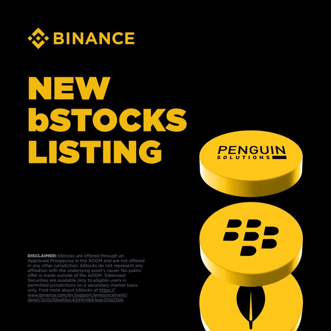 The image is a Binance promotional graphic announcing a "New bStocks Listing," featuring yellow bTokens branded with logos for Penguin Solutions, BlackBerry (BBB), and a stylized leaf, alongside a disclaimer noting they are offered via Approved Prospectus in the ADGM. It visually supports the post's announcement of new bStock trading pairs (BBB/USDT, MDBB/USDT, PENGB/USDT, and UVXYB/USDT) on Binance.