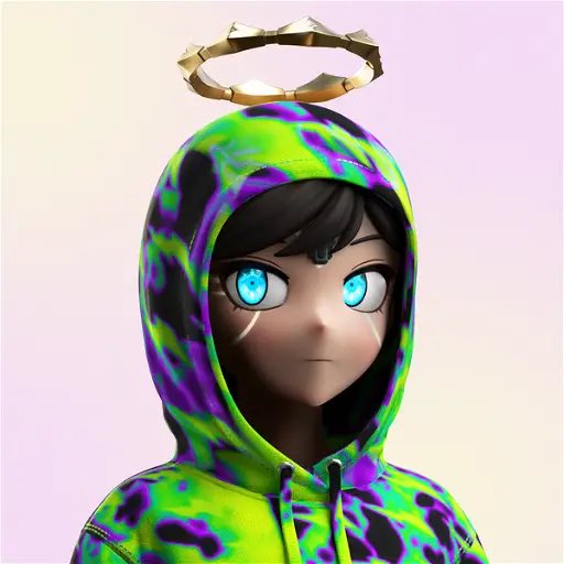 A 3D-rendered character with bright blue eyes wearing a vibrant green, purple, and black leopard-print hoodie, topped with a golden metallic halo above their head.