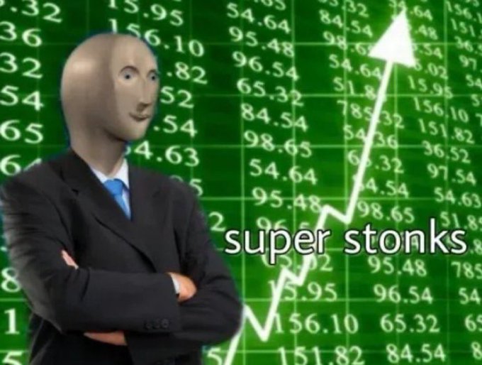 A meme featuring a figure in a business suit with a mannequin-like head, arms crossed, set against a green stock market chart with an upward-pointing arrow and the text 'super stonks'.