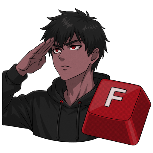 An anime-style sticker of a dark-skinned character with red eyes giving a salute, accompanied by a red keyboard key displaying the letter 'F'.