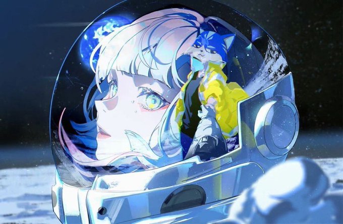 Anime-style artwork showing a character with blue hair and a wolf mask inside a futuristic space helmet, set against a starry space background with a planet visible.