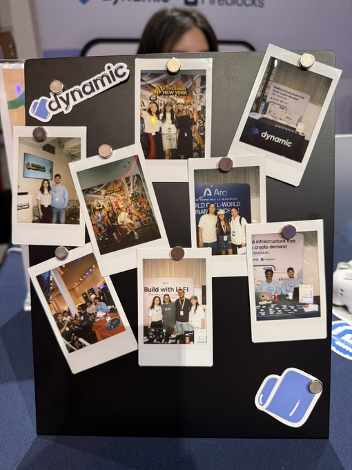 The image features a black board displaying nine photos of people, including two women and one man, all smiling for the camera. The text "Dynamic" is written above the photos, indicating that they are part of a community or group. The board also has a post on it promoting an event called "@ethGlobal".
