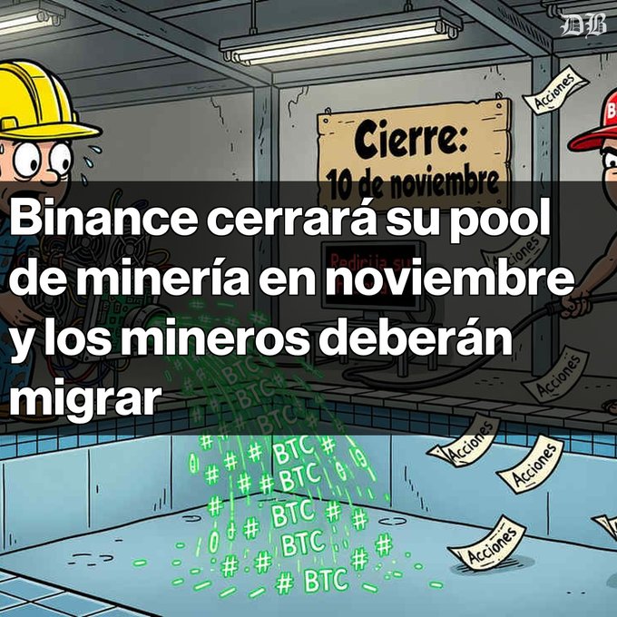 A cartoon-style illustration in Spanish about Binance closing its mining pool in November, showing miners with text 'Binance cerrará su pool de minería en noviembre y los mineros deberán migrar' and a sign reading 'Cierre: 10 de noviembre'.