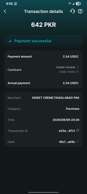 A mobile screenshot of a transaction details page showing a successful payment of 642 PKR (2.34 USDC) to 'SWEET CREME FAISALABAD PAK' dated 2026/08/06.