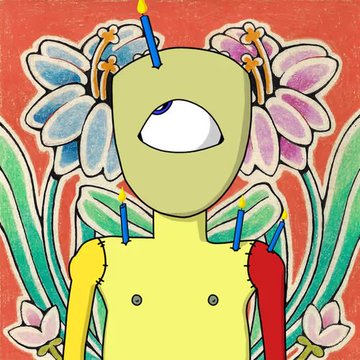 A colorful painting depicts a one-eyed yellow humanoid figure with candles on its head, surrounded by large flowers against a red background.