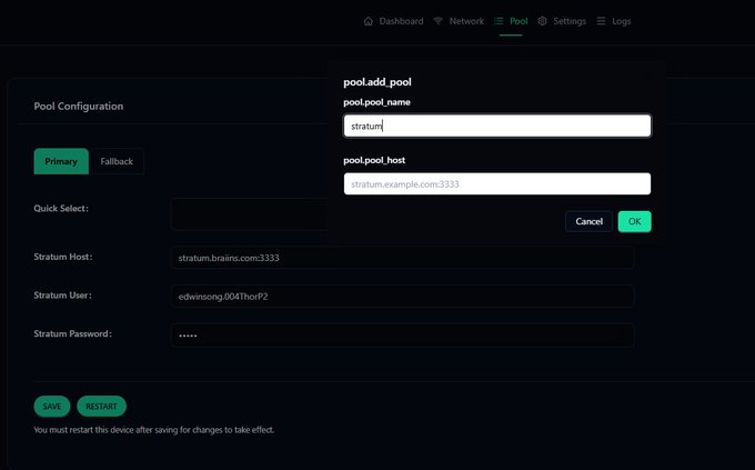 A dashboard interface for mining pool configuration showing a popup dialog 'pool.add_pool' with fields for 'pool.pool_name' (stratum) and 'pool.pool_host' (stratum.example.com:3333), with Cancel and OK buttons.
