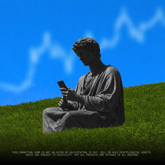 A classical statue of a seated figure appears to be checking a smartphone while sitting on grass, with a blurred chart line visible in the blue sky background. The caption at the bottom reads: "THIS MARKETING COMM IS NOT AN OFFER OR SOLICITATION TO BUY, SELL OR HOLD CRYPTO/DIGITAL ASSETS, WHICH ARE SUBJECT TO VOLATILITY. NOT ALL PRODUCTS ARE OFFERED IN ALL REGIONS."

The image humorously supports the "touch grass" message by depicting a stoic, timeless statue engaging with a modern crypto app, suggesting that even ancient figures are getting in on digital assets during their time outdoors.